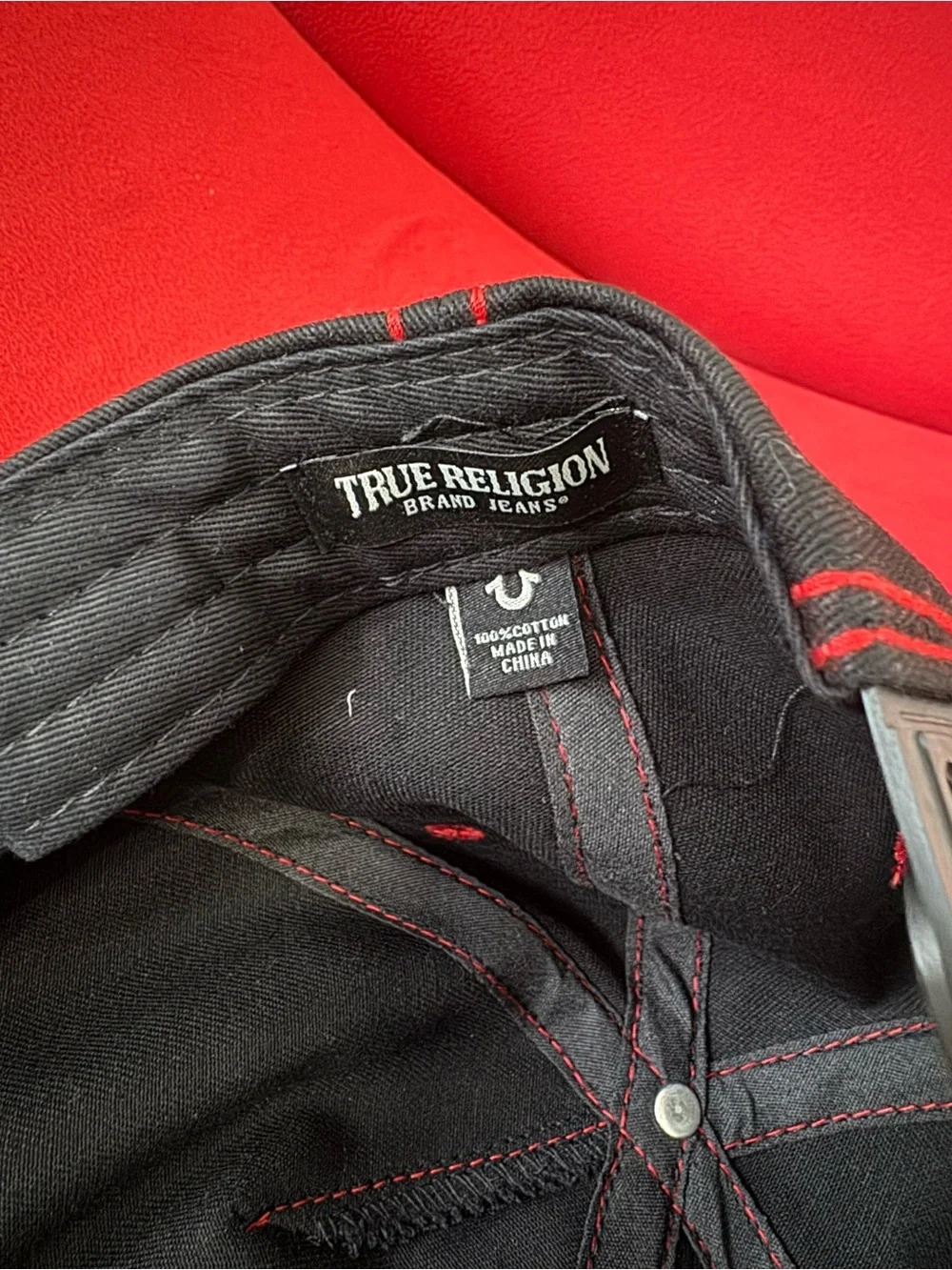True Religion Script Logo Snapback Hat Black Red Stitching NWOT
